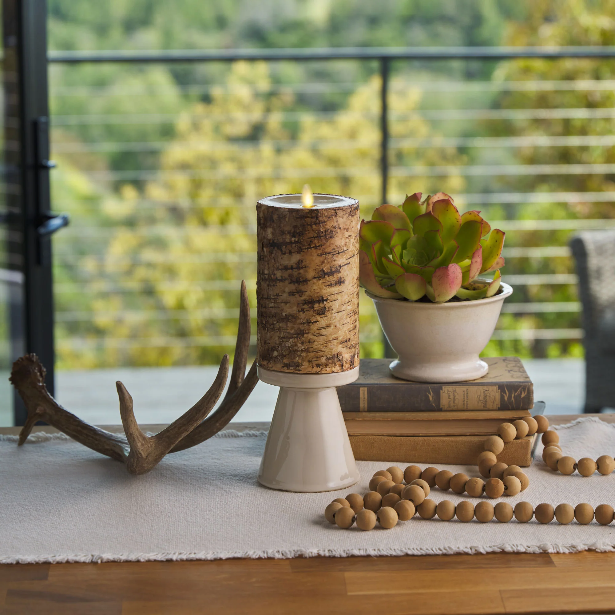 Real Birch Wood Flameless Candle Pillar - Recessed Top - 4" Width - Image 8