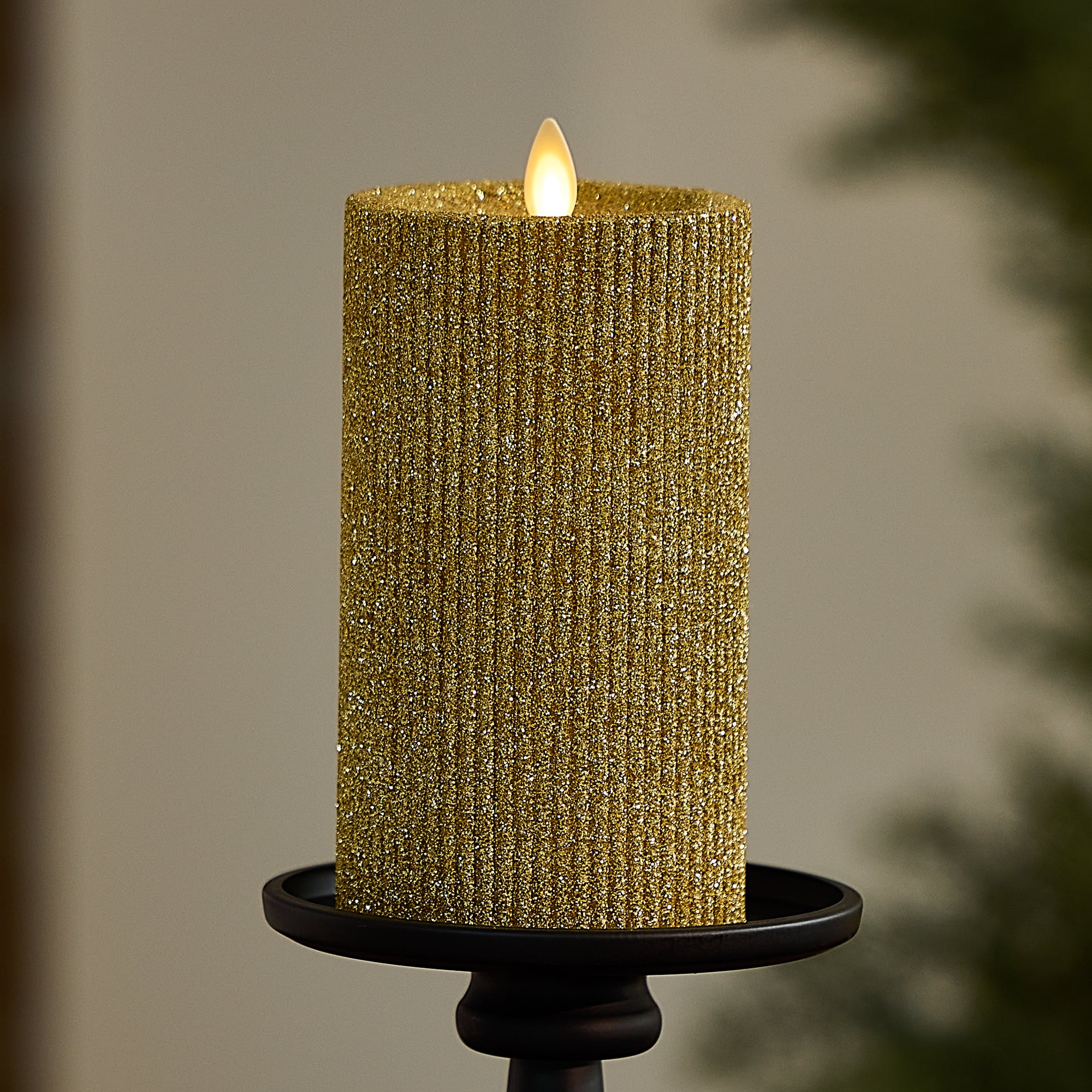 Rich Gold Glitter Ribbed Flameless Candle Pillar - Image 11