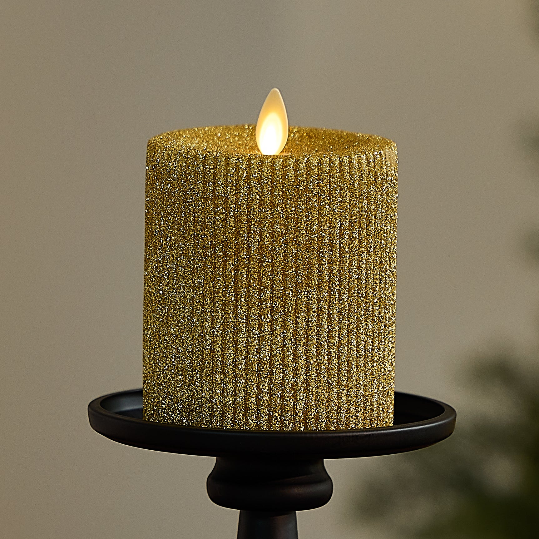 Rich Gold Glitter Ribbed Flameless Candle Pillar - Image 12