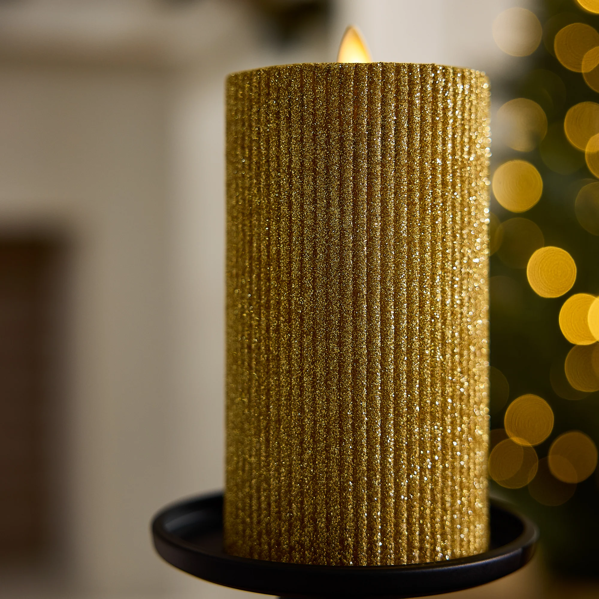 Rich Gold Glitter Ribbed Flameless Candle Pillar - Image 3