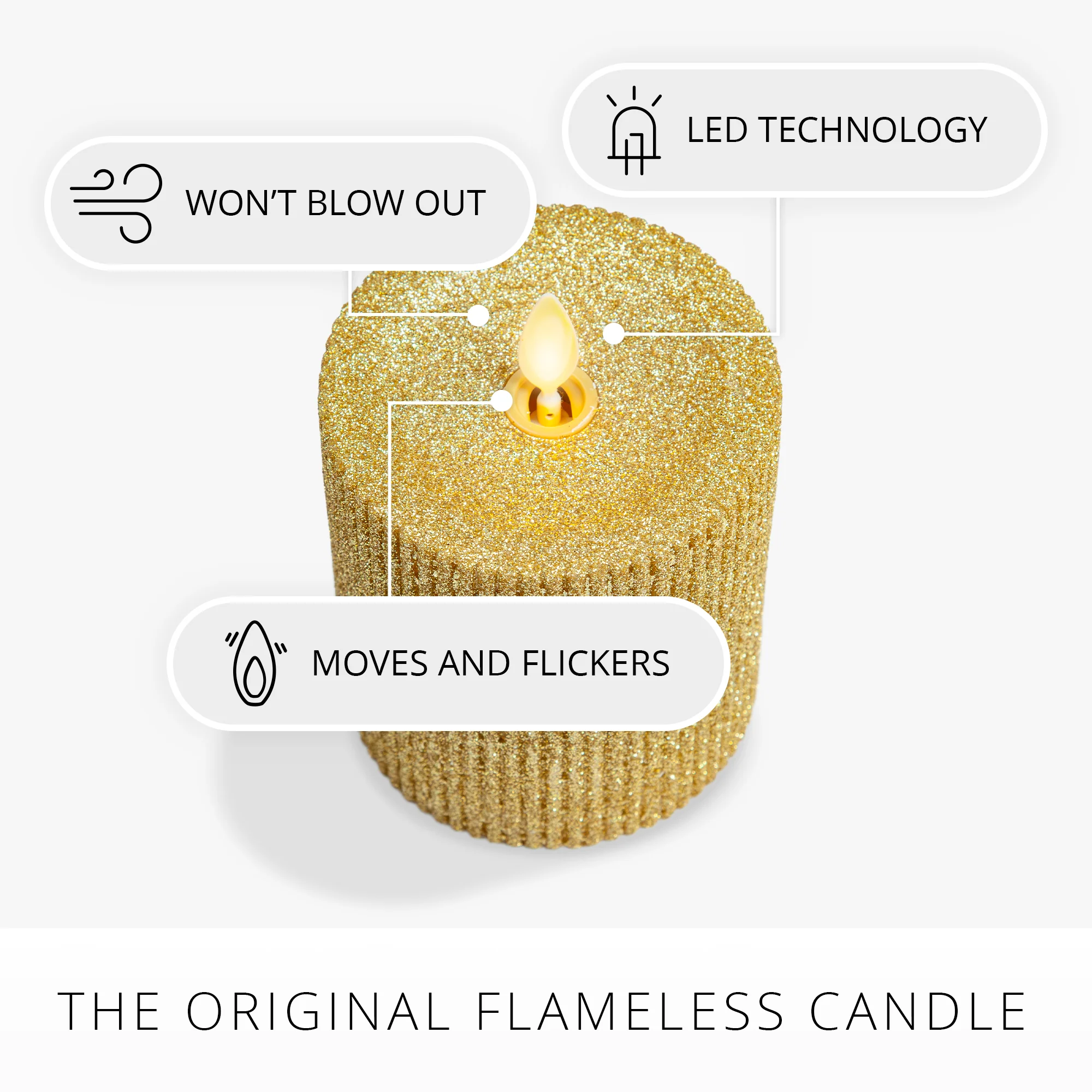 Rich Gold Glitter Ribbed Flameless Candle Pillar - Image 5