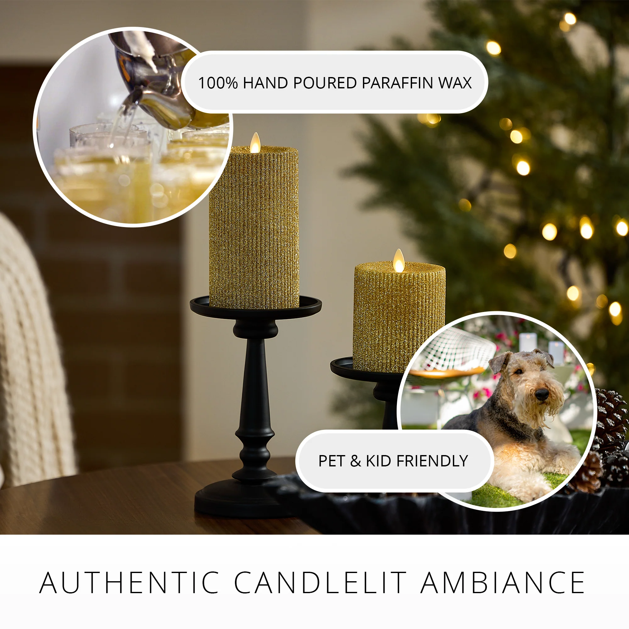 Rich Gold Glitter Ribbed Flameless Candle Pillar - Image 6