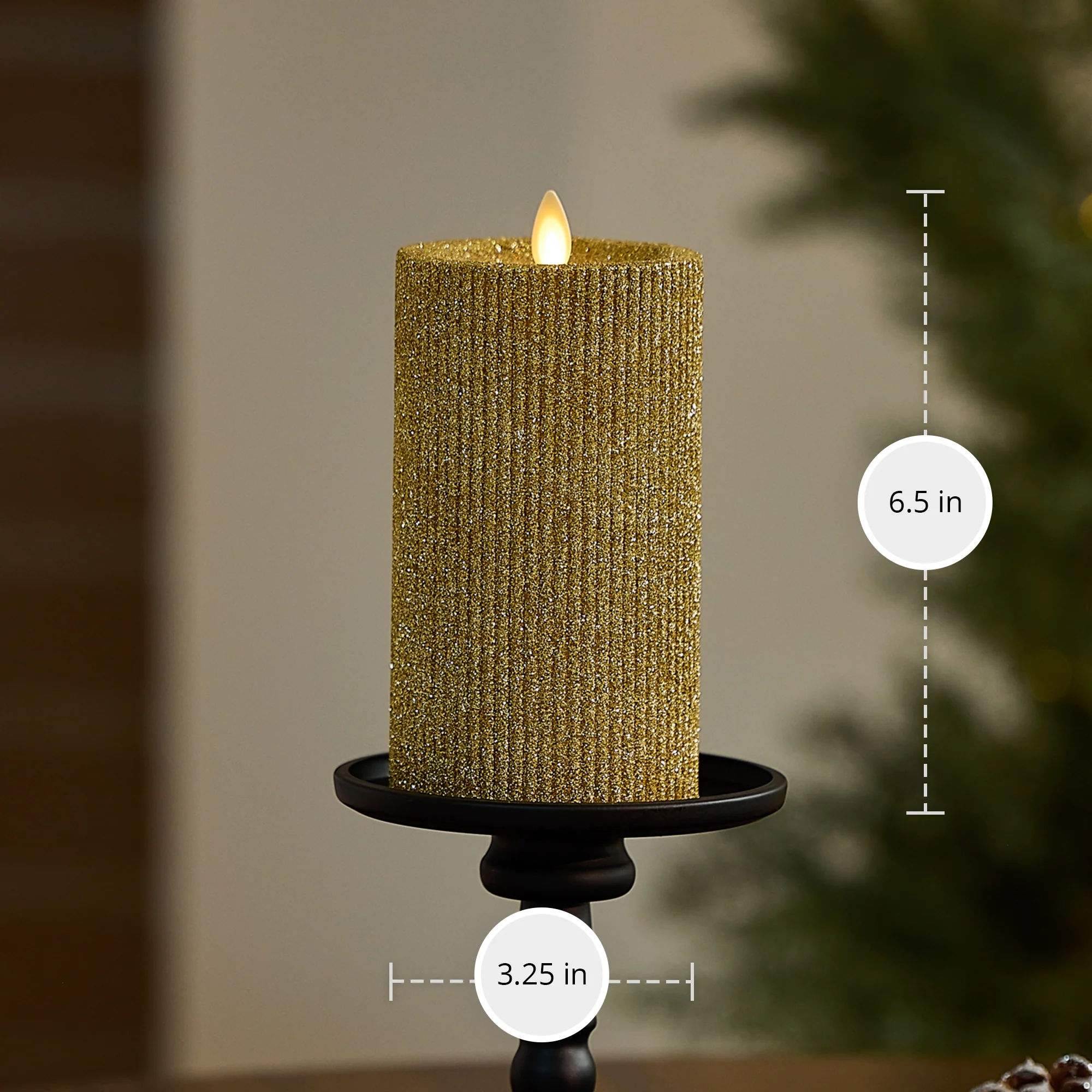 Rich Gold Glitter Ribbed Flameless Candle Pillar - Image 8