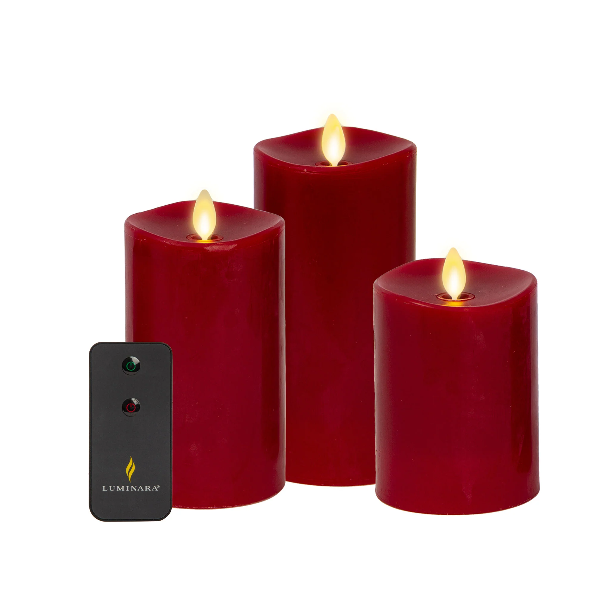 Burgundy Flameless Candle Pillars with Remote - Melted Top - Set of 3 - Image 3