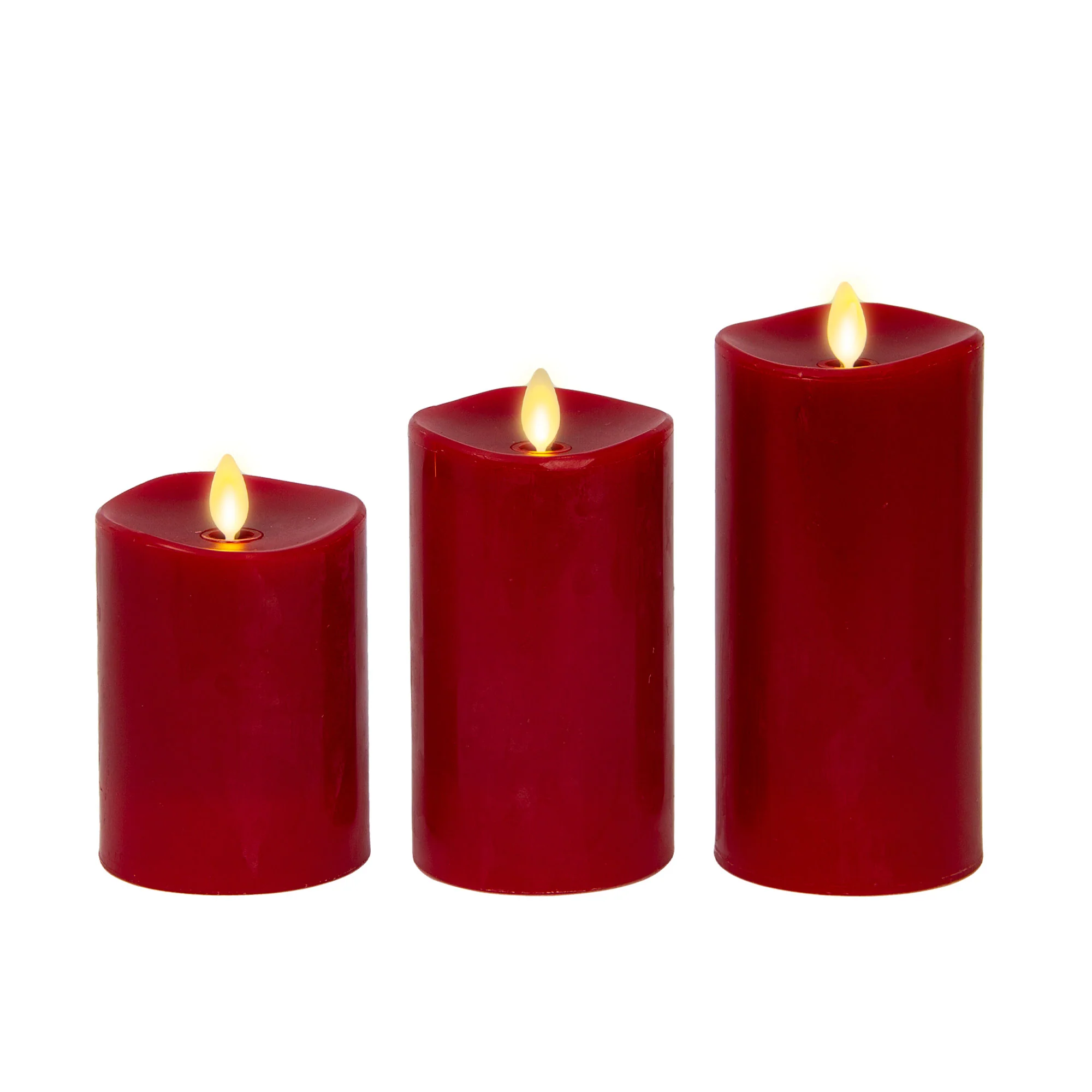 Burgundy Flameless Candle Pillars with Remote - Melted Top - Set of 3 - Image 4