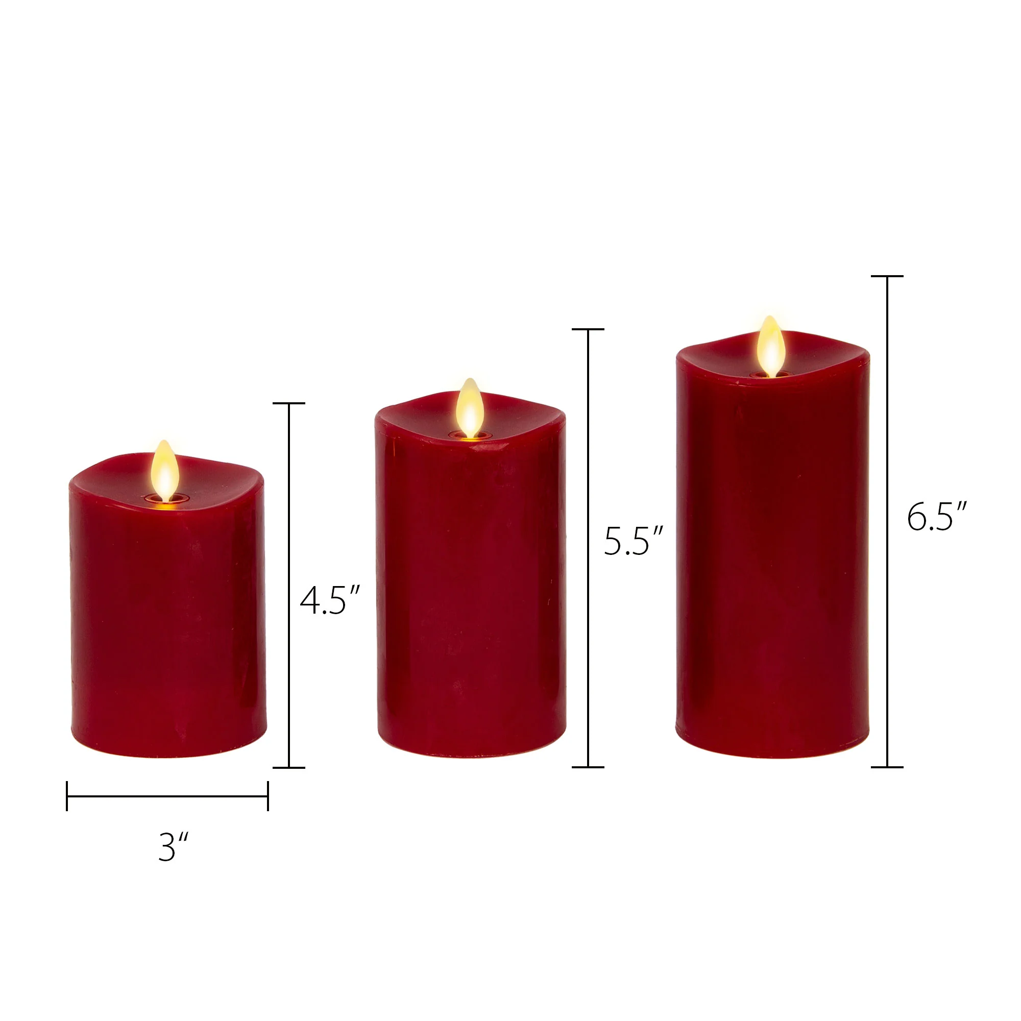 Burgundy Flameless Candle Pillars with Remote - Melted Top - Set of 3 - Image 5