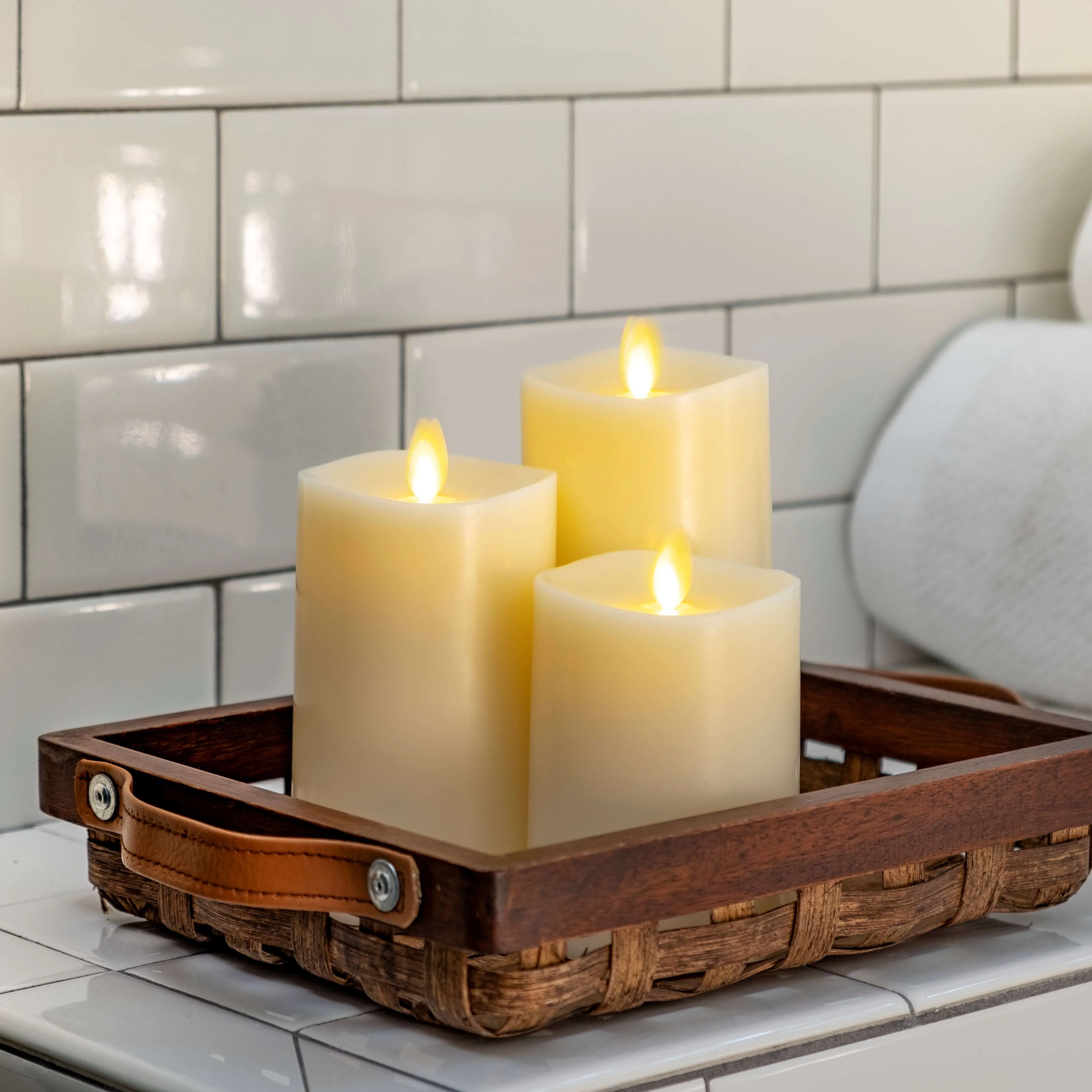 Ivory Flameless Candle Pillars with Remote - Melted Top - Set of 3 - Image 3