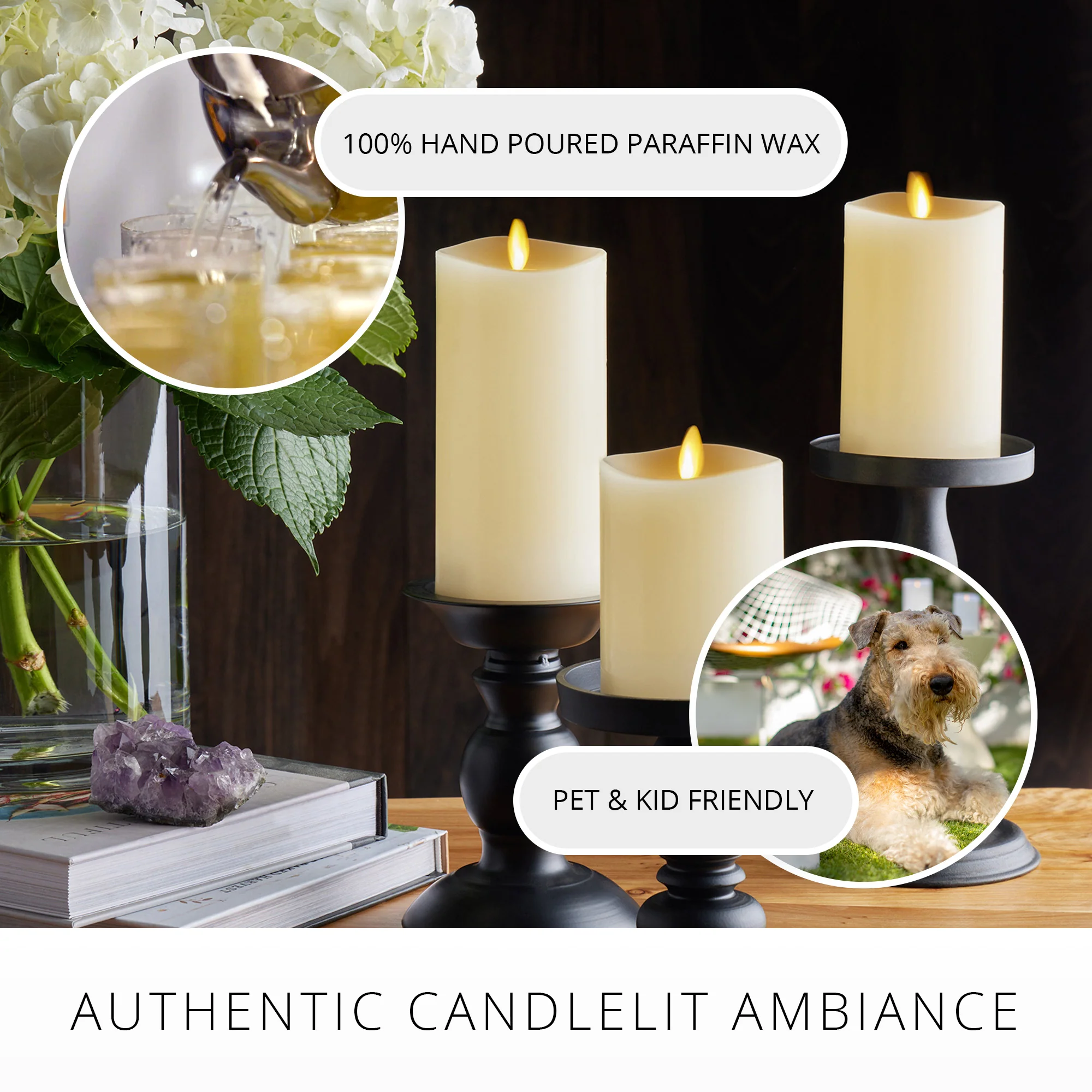 Ivory Flameless Candle Pillars with Remote - Melted Top - Set of 3 - Image 6