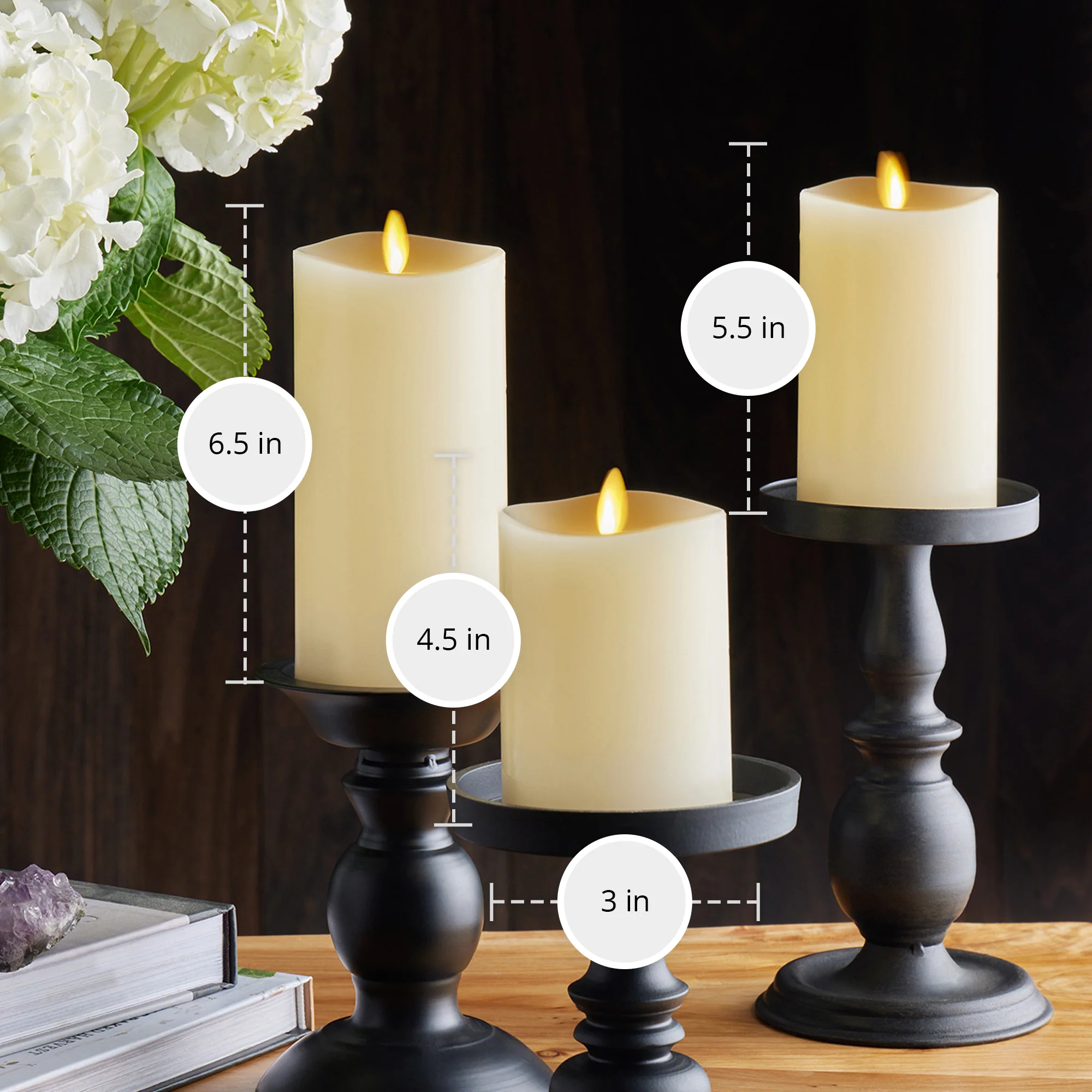 Ivory Flameless Candle Pillars with Remote - Melted Top - Set of 3 - Image 7