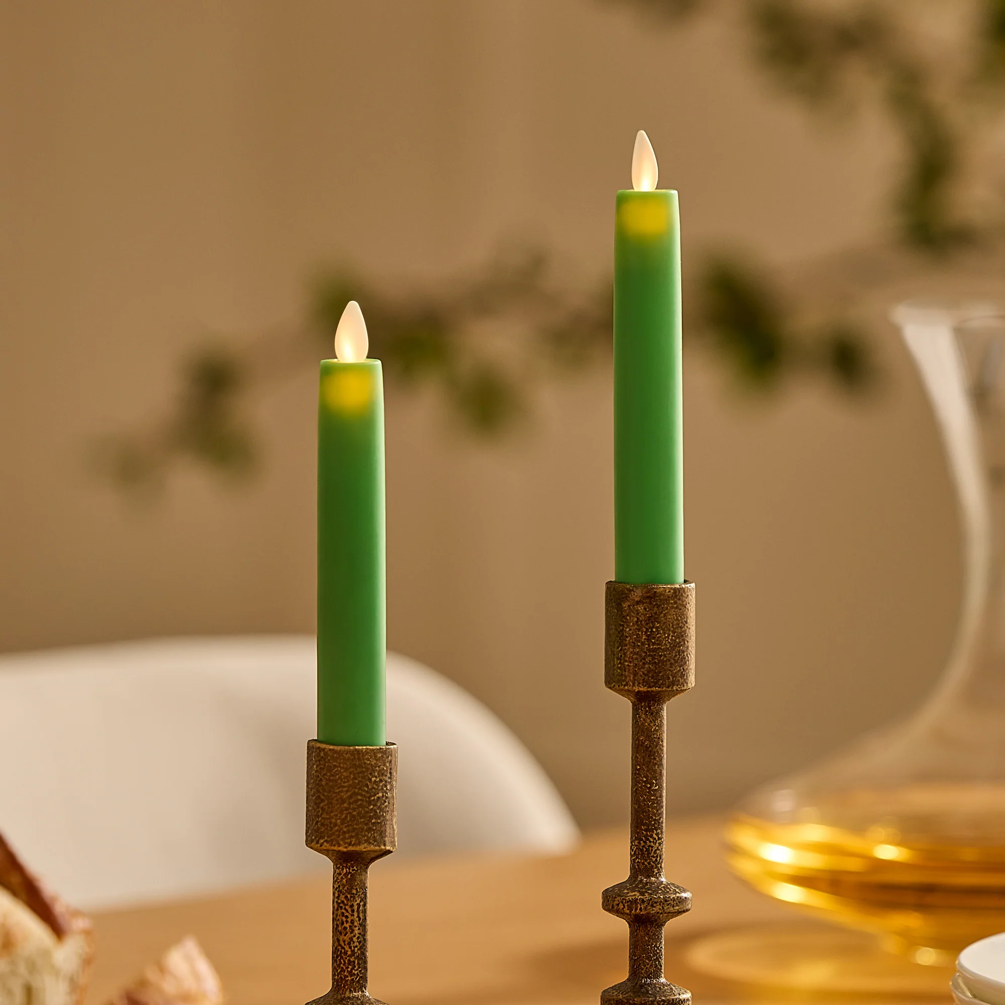 Vibrant Green Flameless Candle Tapers - Flat Top - 6.75" Height - Set of 2