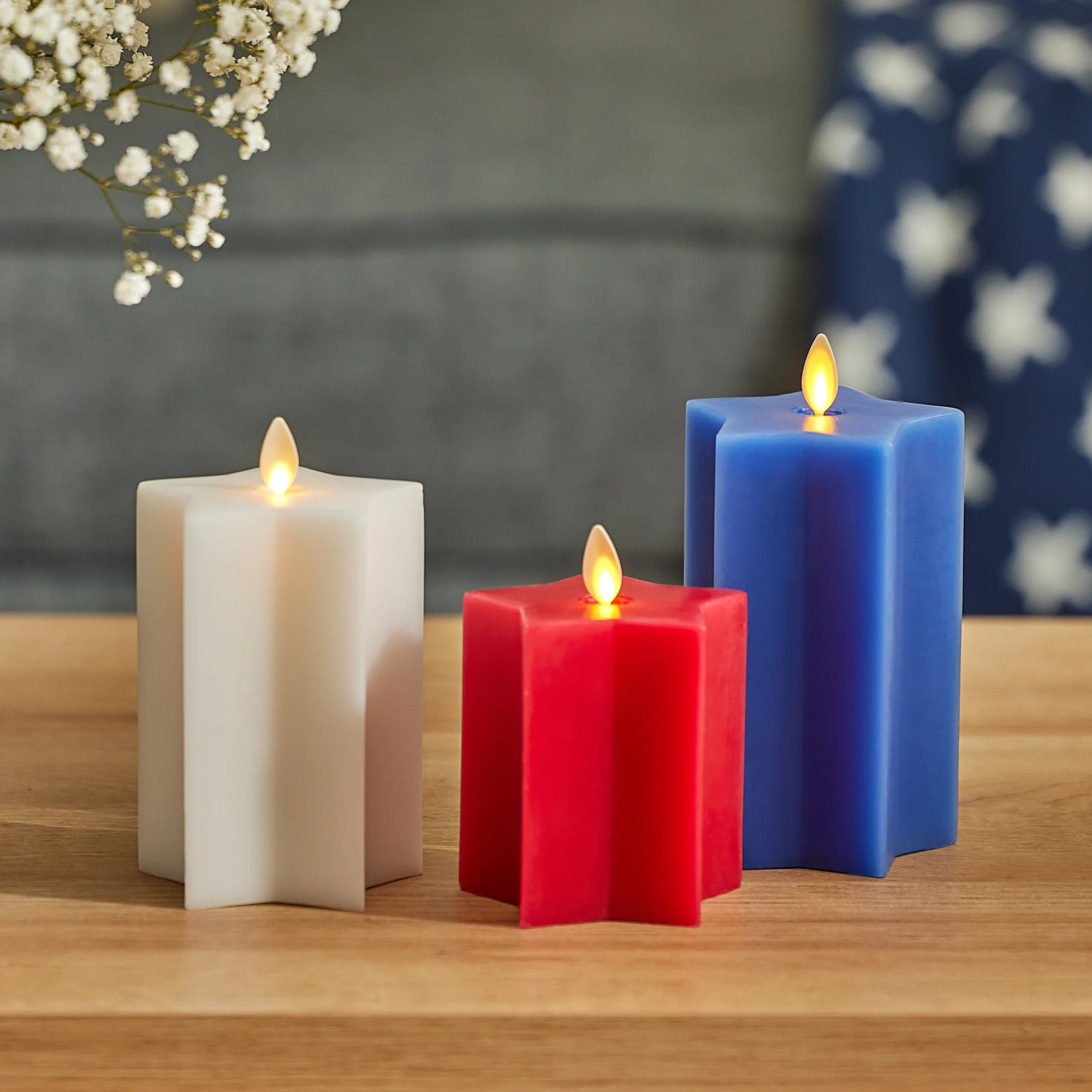 Set of 3 Red, White & Blue Star-shaped Flameless Candle Pillars - Image 3