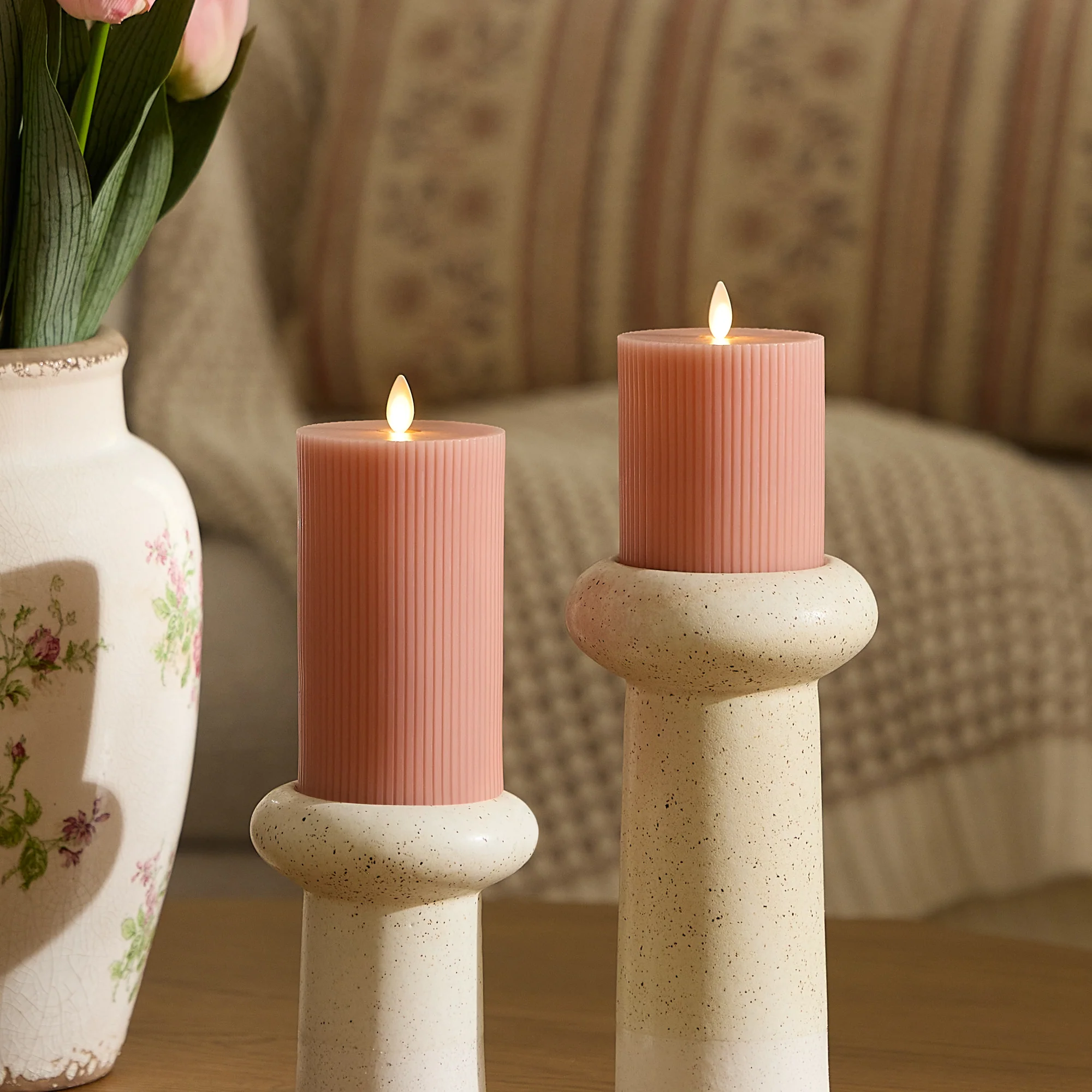 Soft Clay Flameless Candle Ribbed Pillar - Image 3