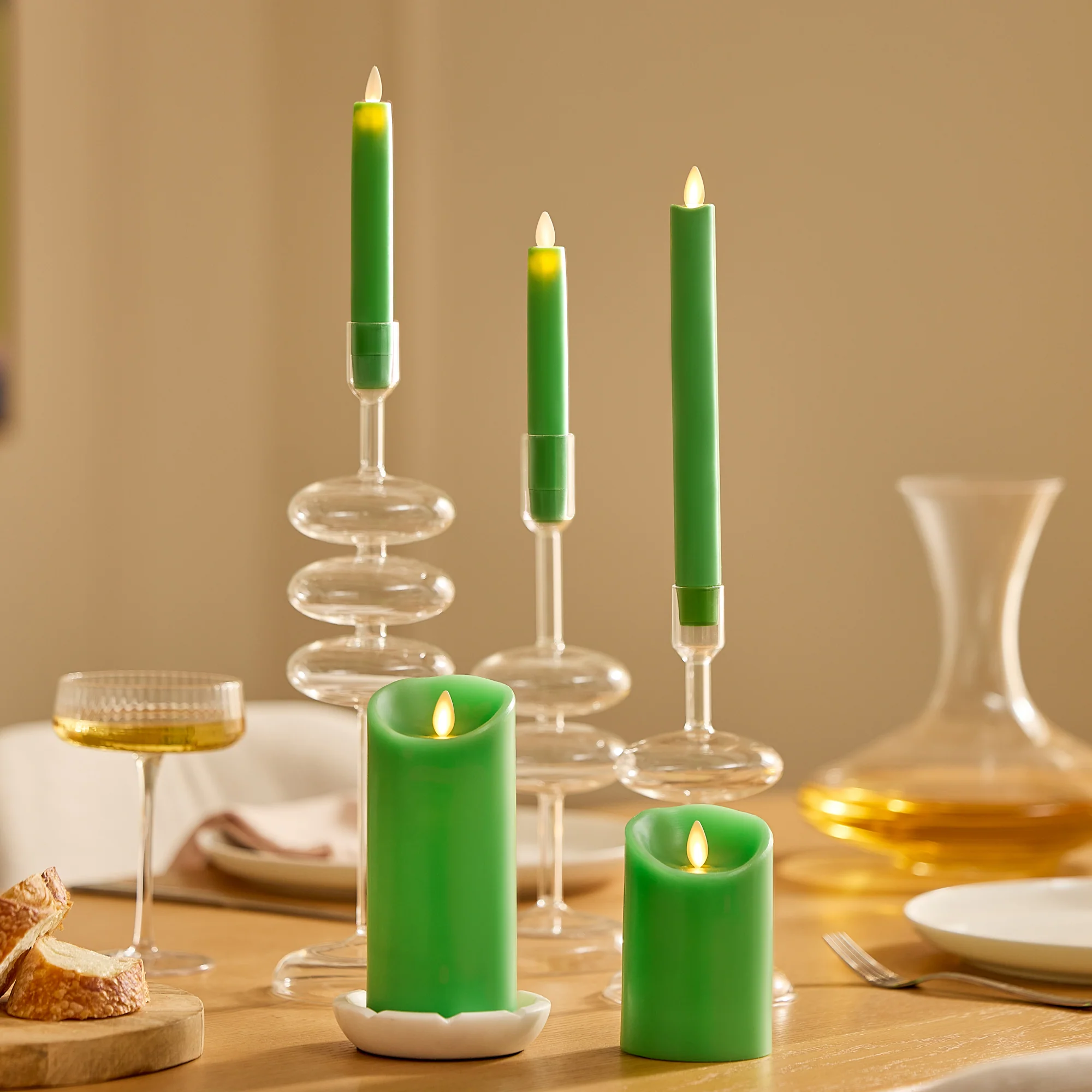 Vibrant Green Flameless Candle Pillar - Scallop Top - 3" Width - Image 2