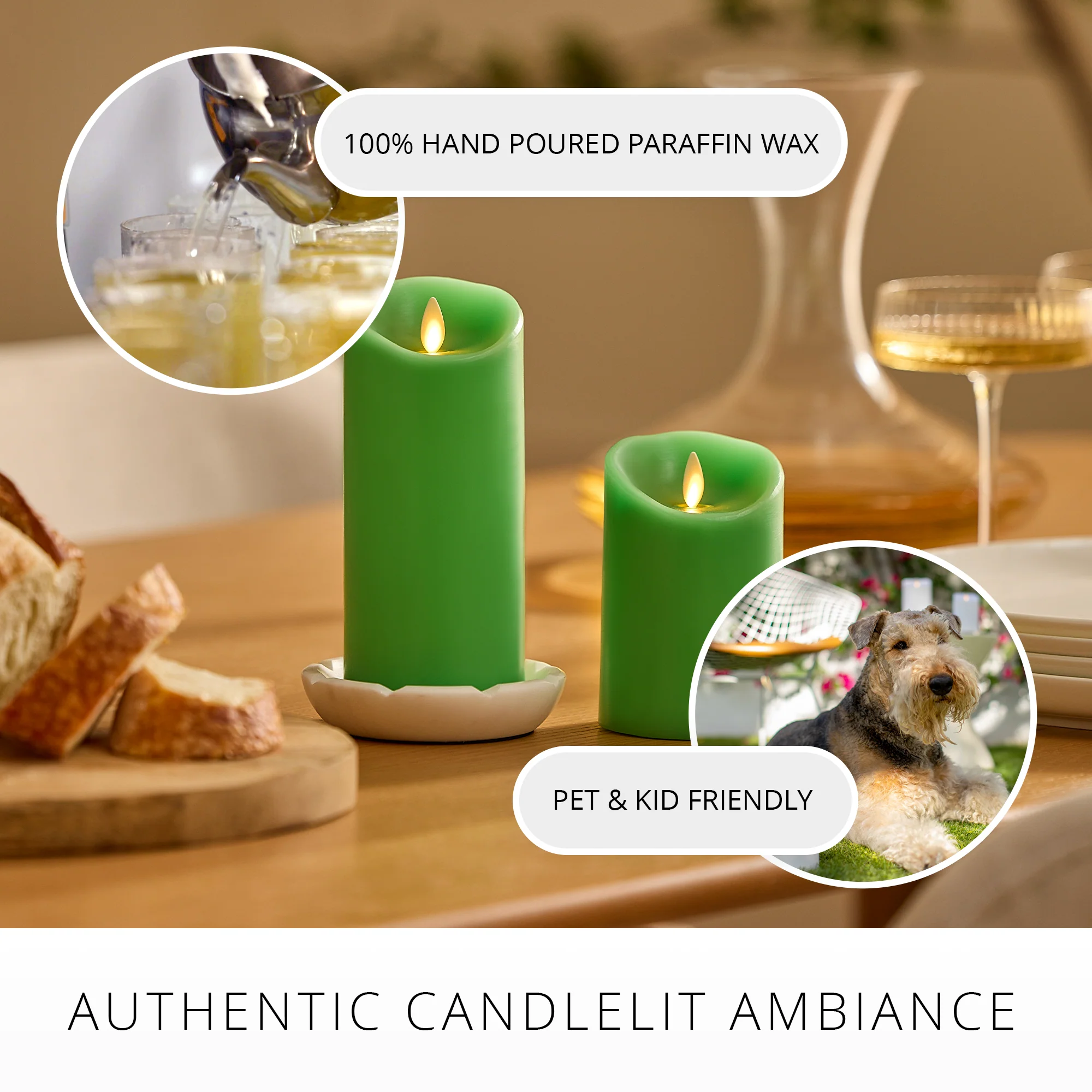 Vibrant Green Flameless Candle Pillar - Scallop Top - 3" Width - Image 5