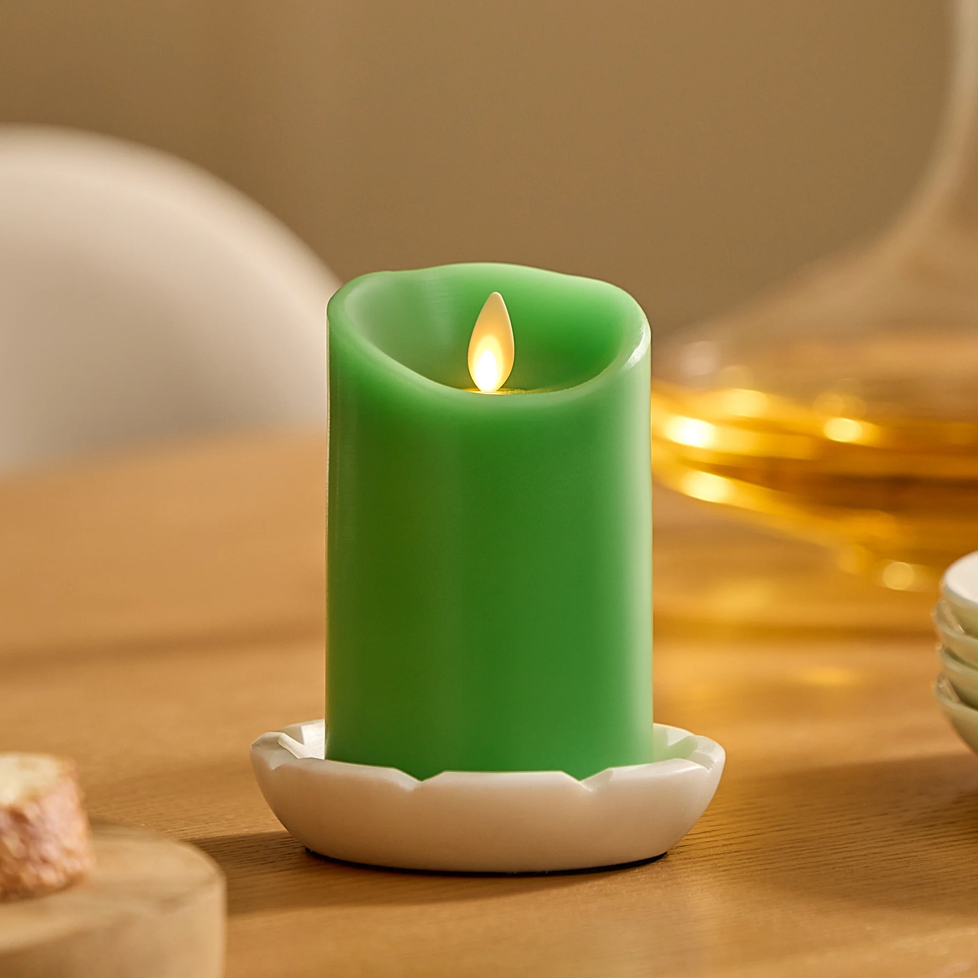Vibrant Green Flameless Candle Pillar - Scallop Top - 3" Width - Image 6