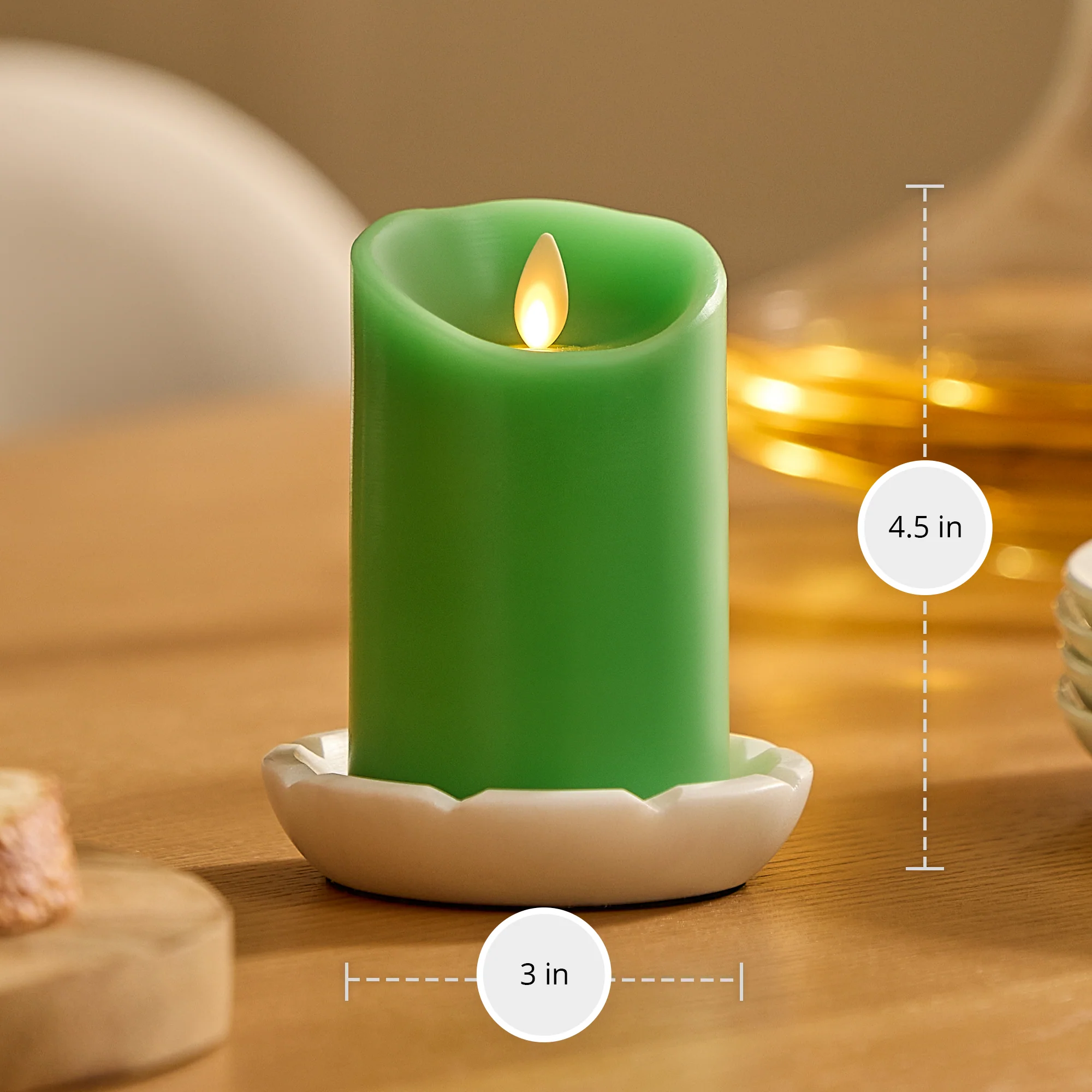 Vibrant Green Flameless Candle Pillar - Scallop Top - 3" Width - Image 7