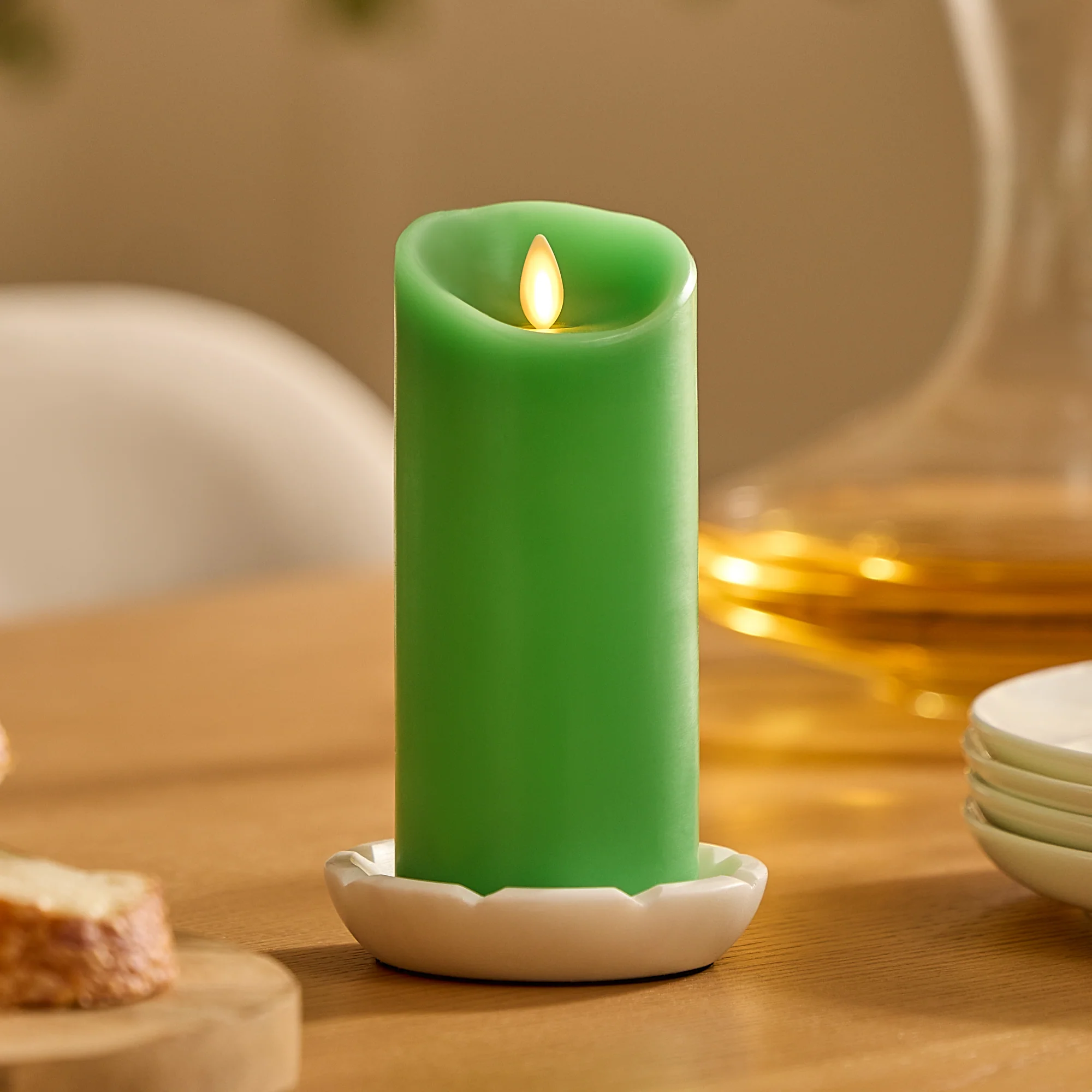 Vibrant Green Flameless Candle Pillar - Scallop Top - 3" Width - Image 8