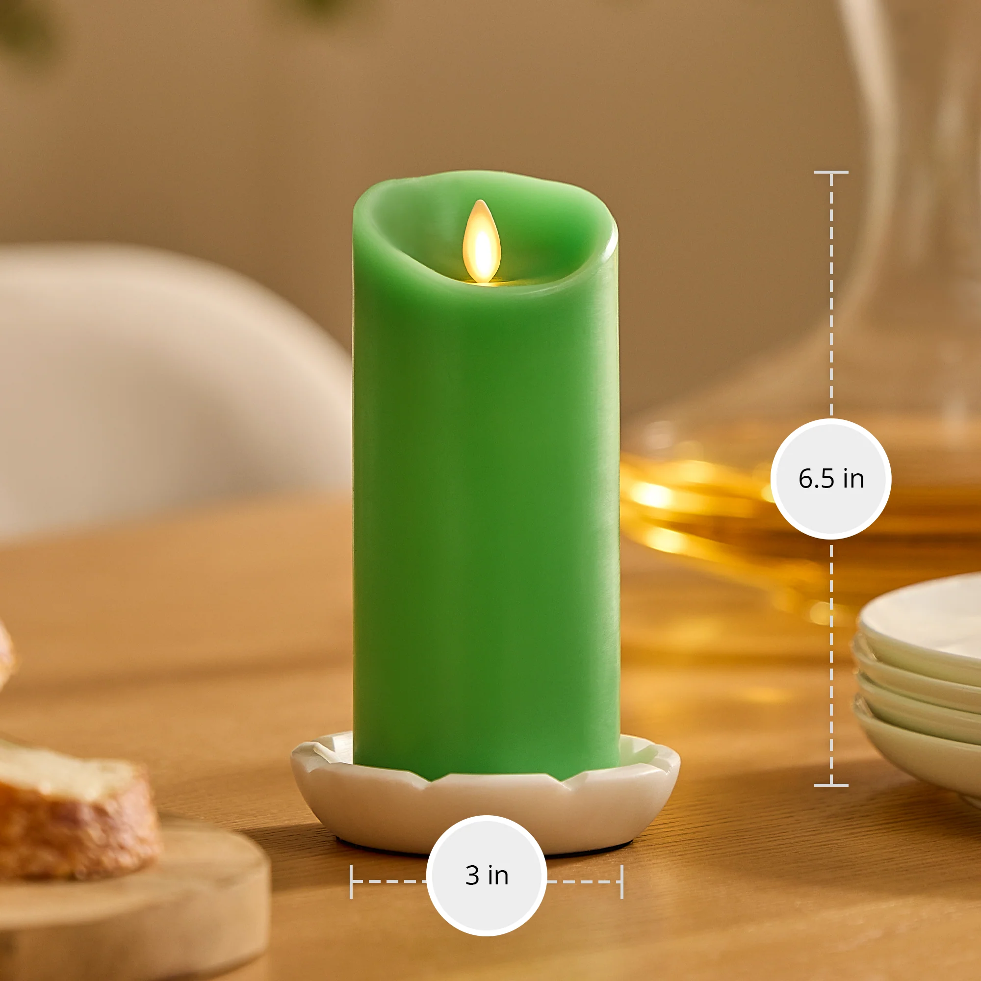 Vibrant Green Flameless Candle Pillar - Scallop Top - 3" Width - Image 9