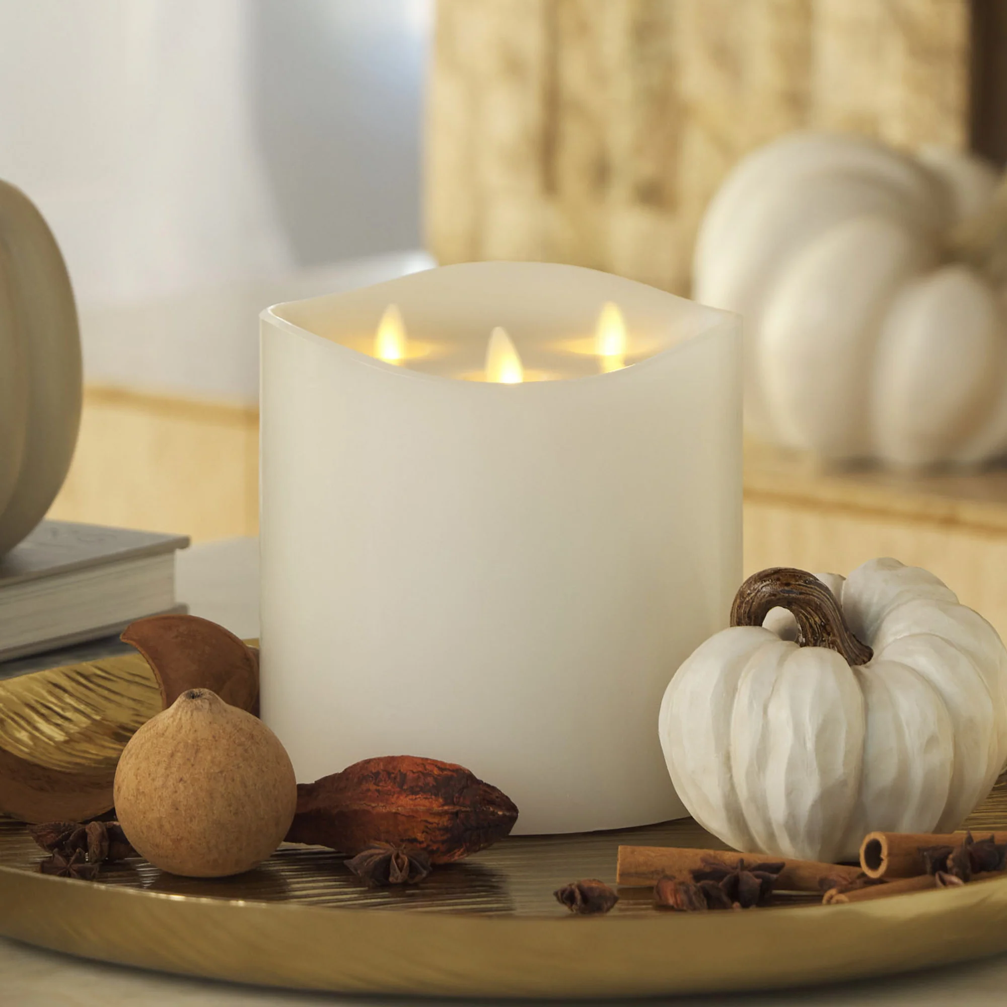White Flameless Candle Tri-Flame Grand Pillar - Melted Top - Image 2