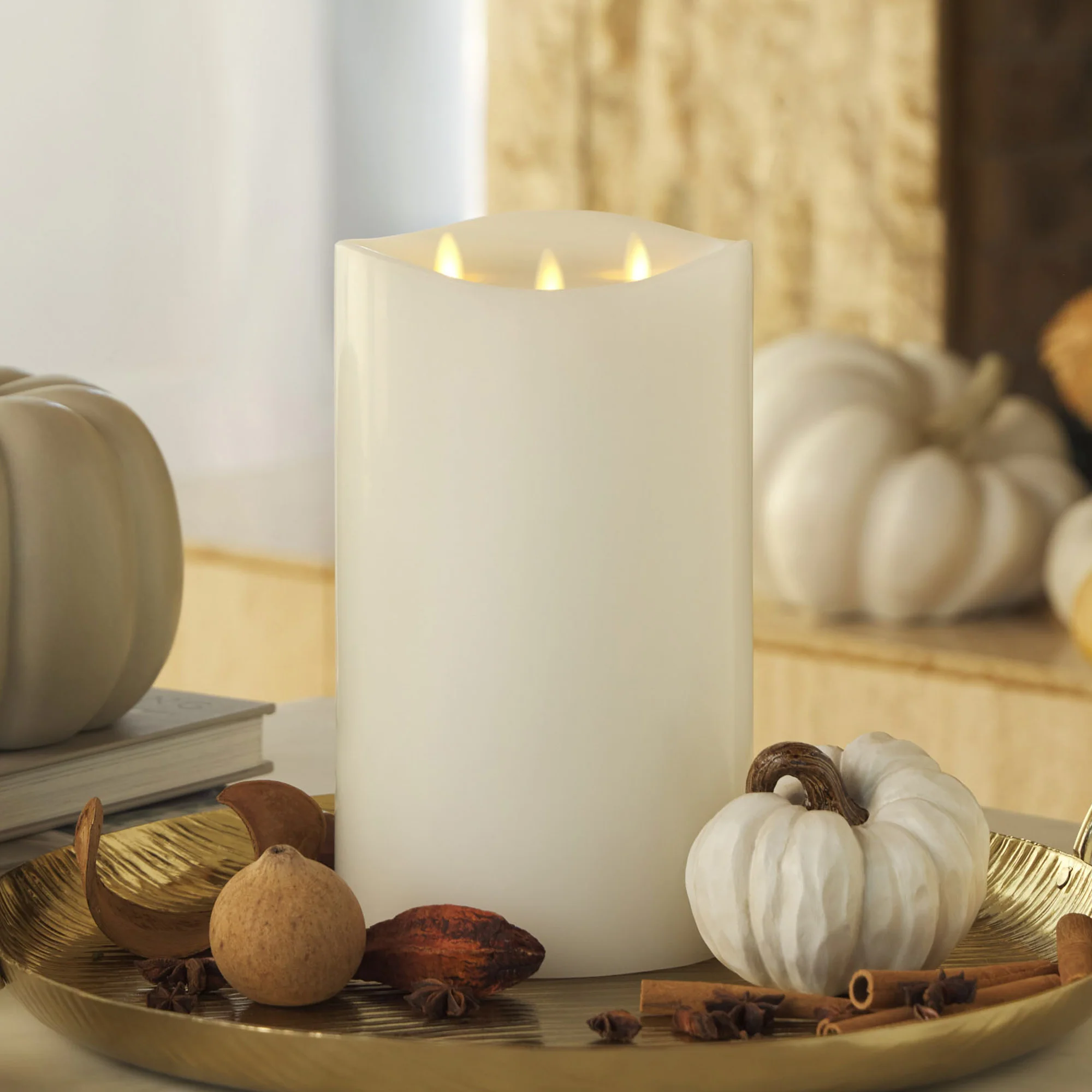 White Flameless Candle Tri-Flame Grand Pillar - Melted Top - Image 3