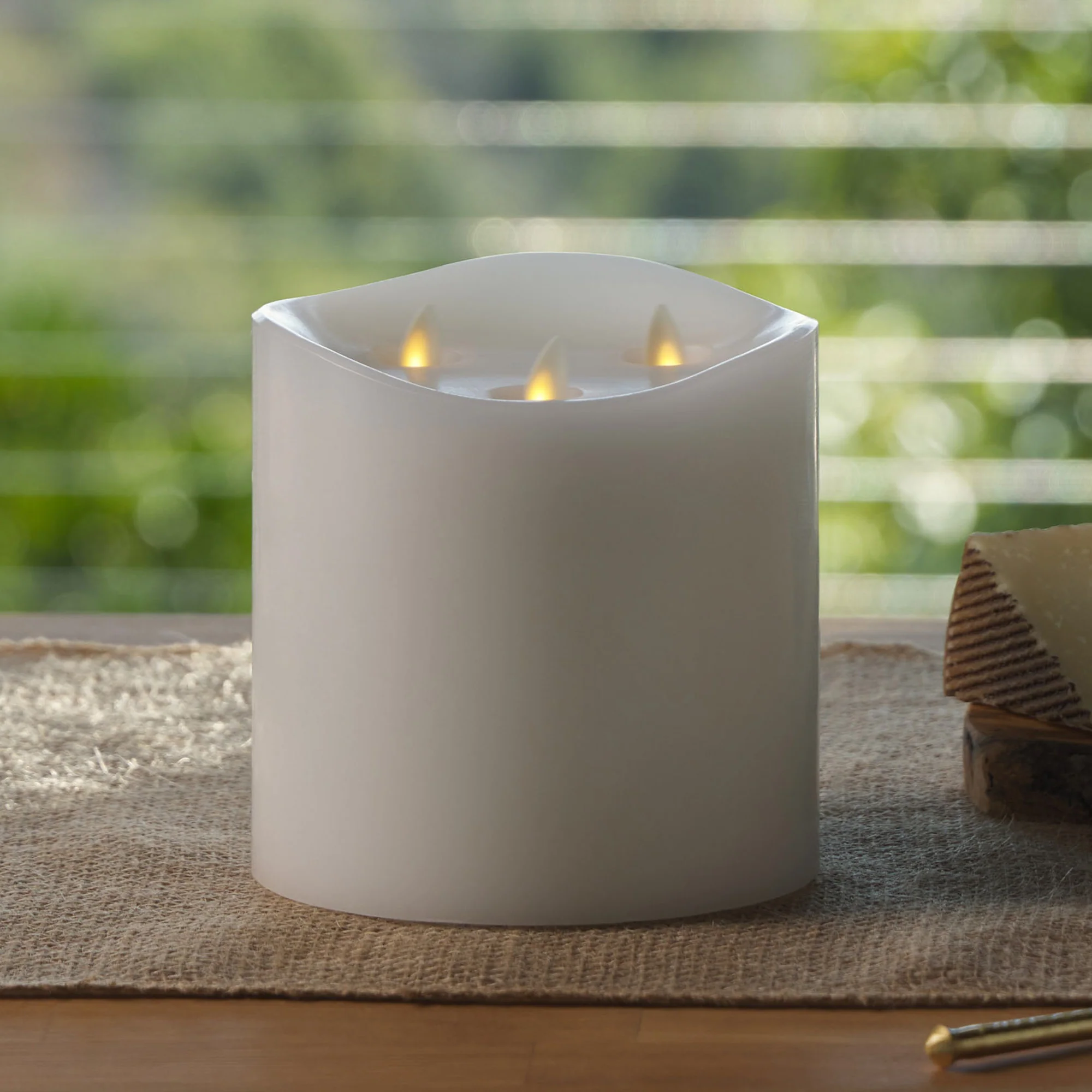 White Flameless Candle Tri-Flame Grand Pillar - Melted Top - Image 4