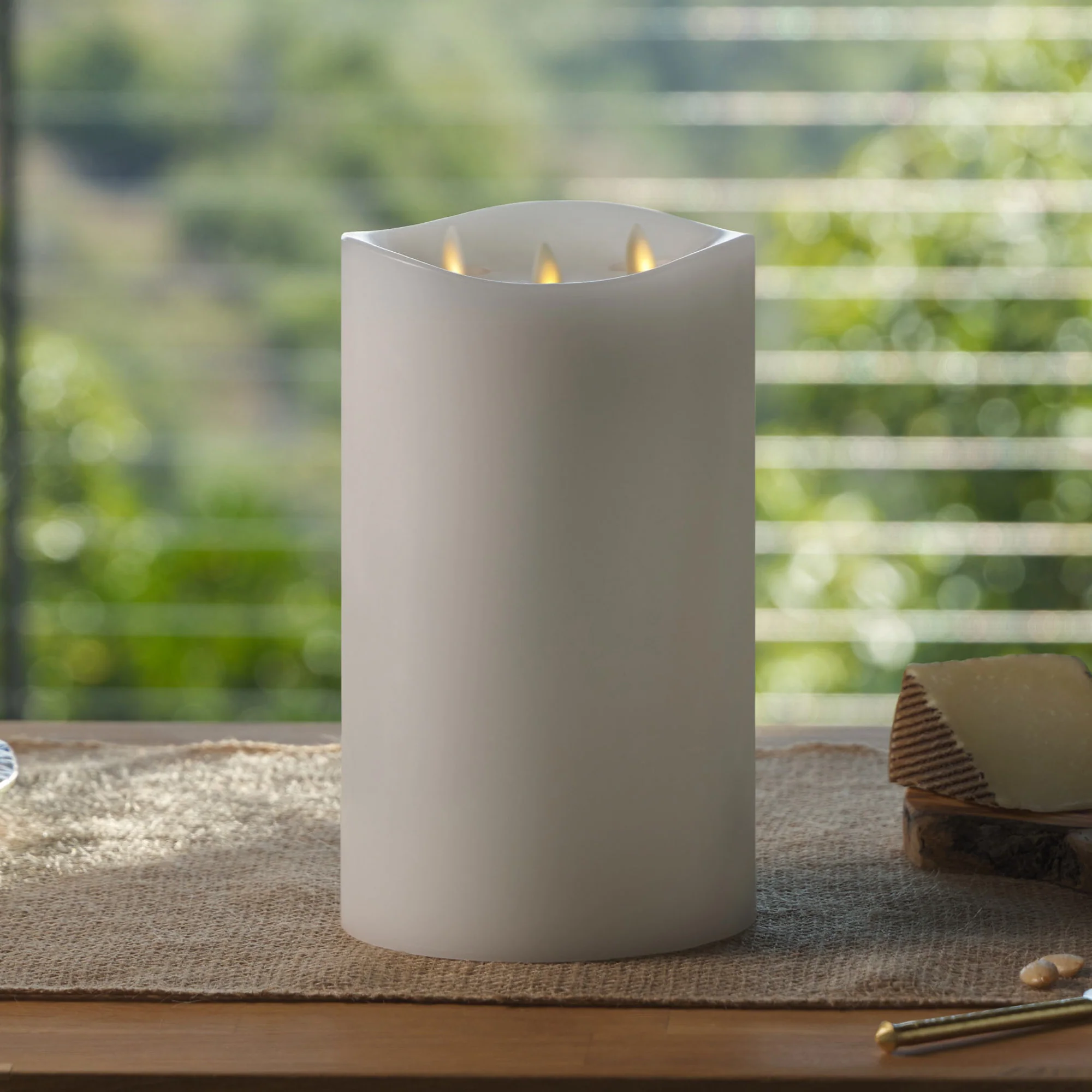 White Flameless Candle Tri-Flame Grand Pillar - Melted Top - Image 5