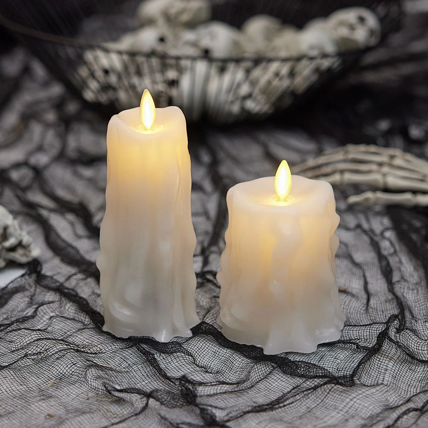 White Heavy Wax Drip Flameless Candle Slim Pillar - Image 2