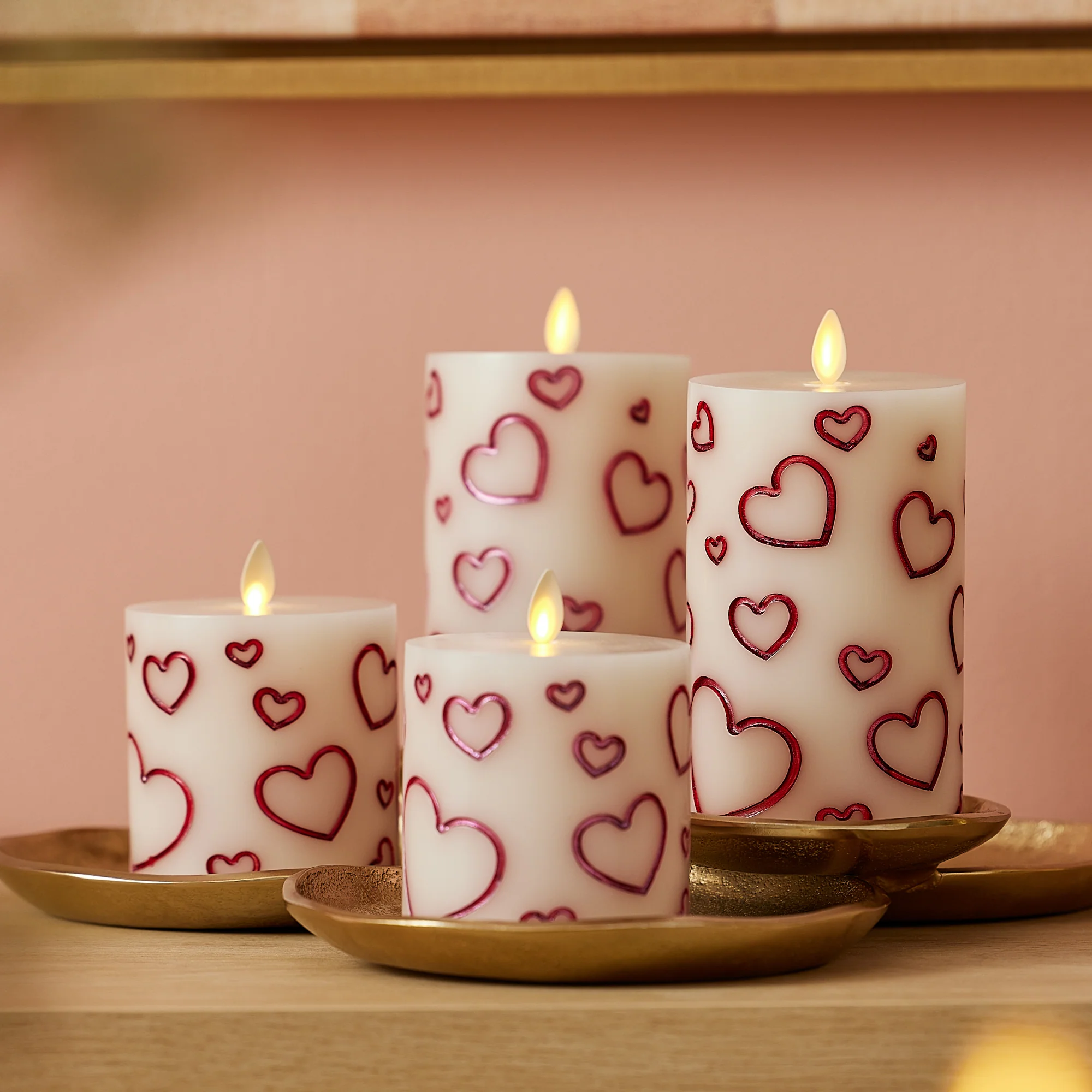 White Porcelain with Metallic Raspberry Hearts Flameless Candle Pillar - Image 3