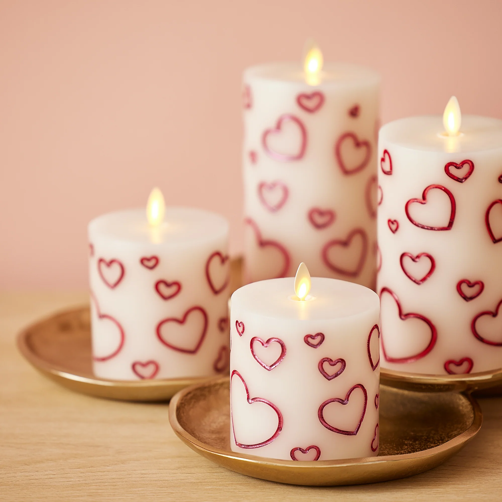 White Porcelain with Metallic Raspberry Hearts Flameless Candle Pillar - Image 4