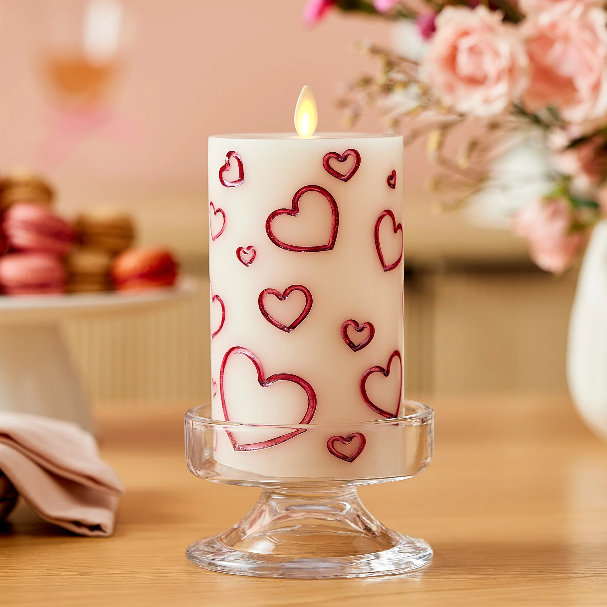 White Porcelain with Metallic Raspberry Hearts Flameless Candle Pillar - Image 5