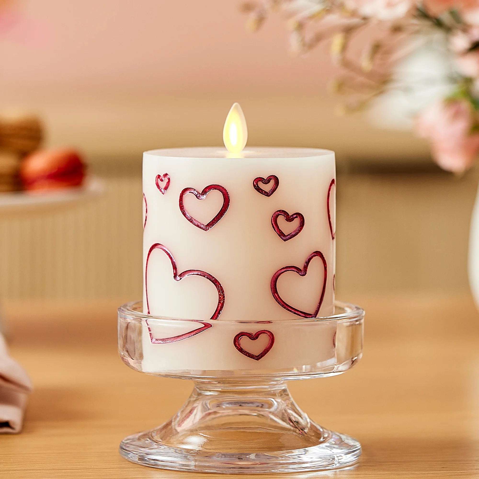 White Porcelain with Metallic Raspberry Hearts Flameless Candle Pillar - Image 6