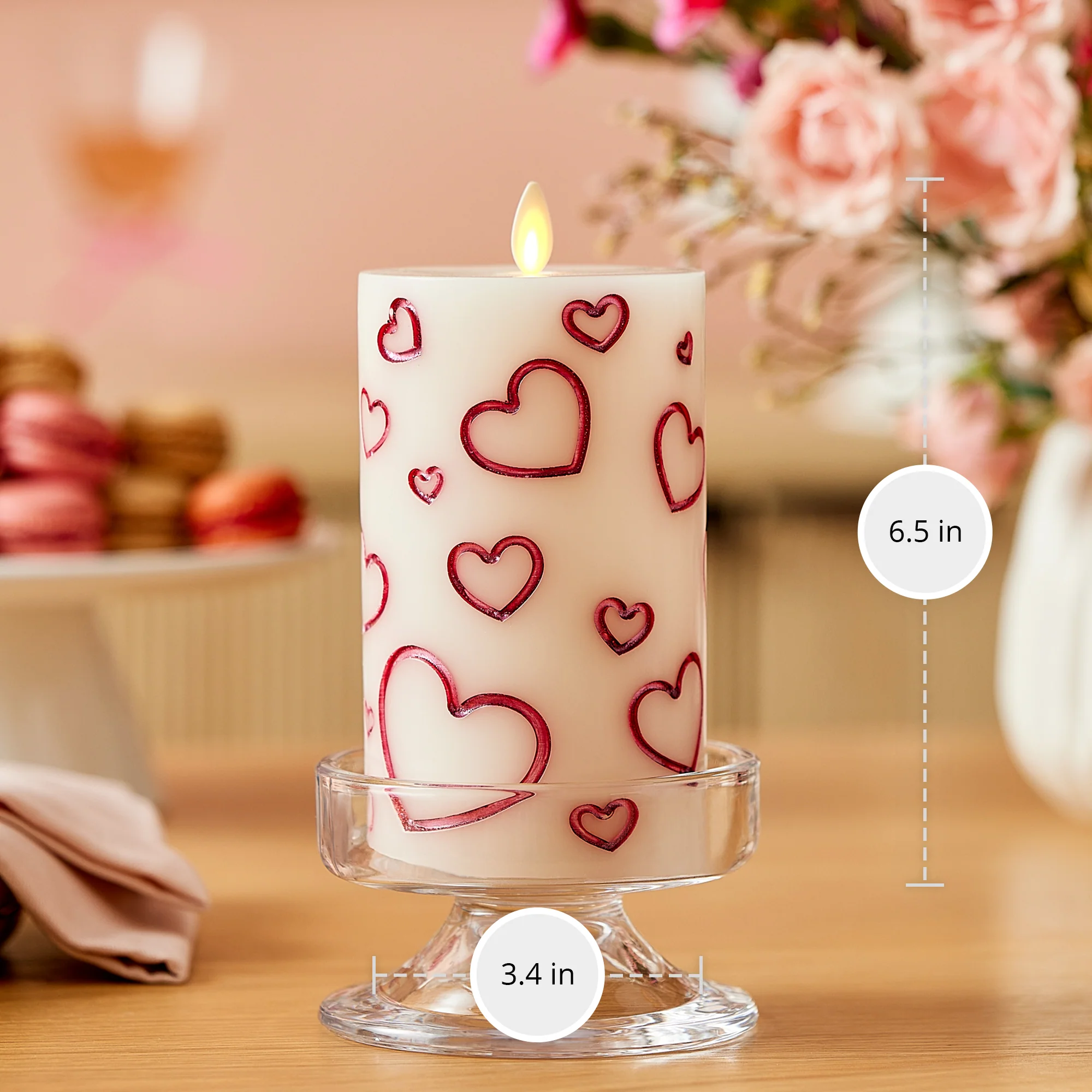 White Porcelain with Metallic Raspberry Hearts Flameless Candle Pillar - Image 7