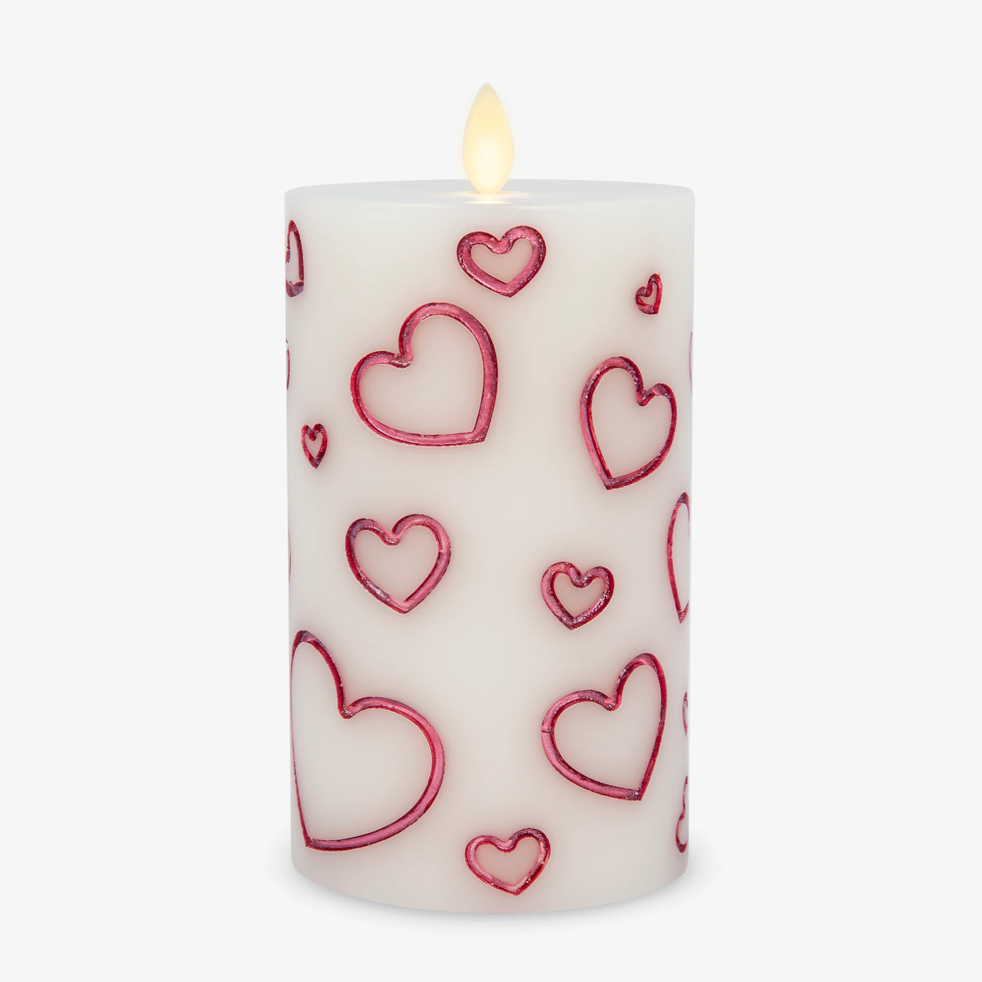 White Porcelain with Metallic Raspberry Hearts Flameless Candle Pillar - Image 8