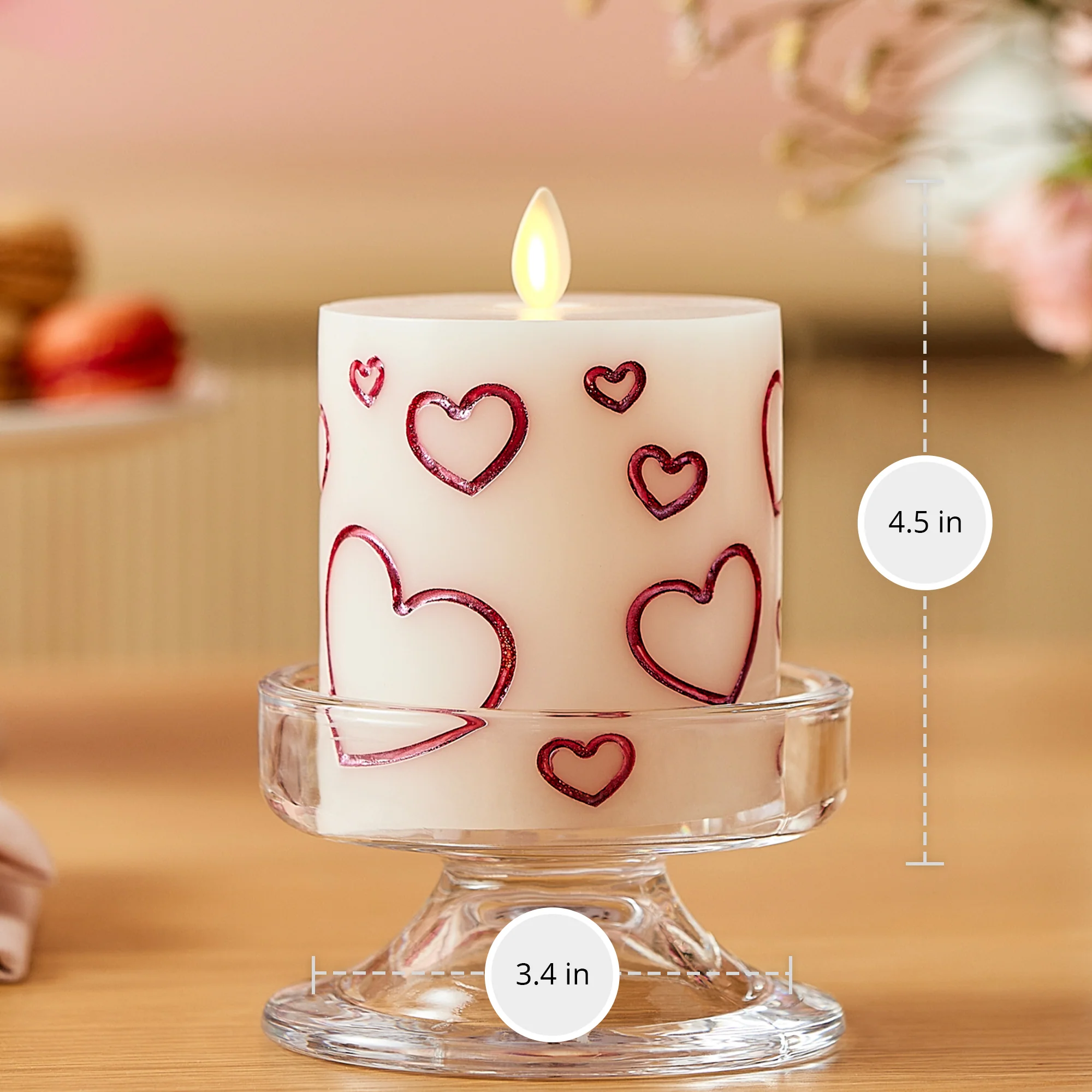 White Porcelain with Metallic Raspberry Hearts Flameless Candle Pillar - Image 9
