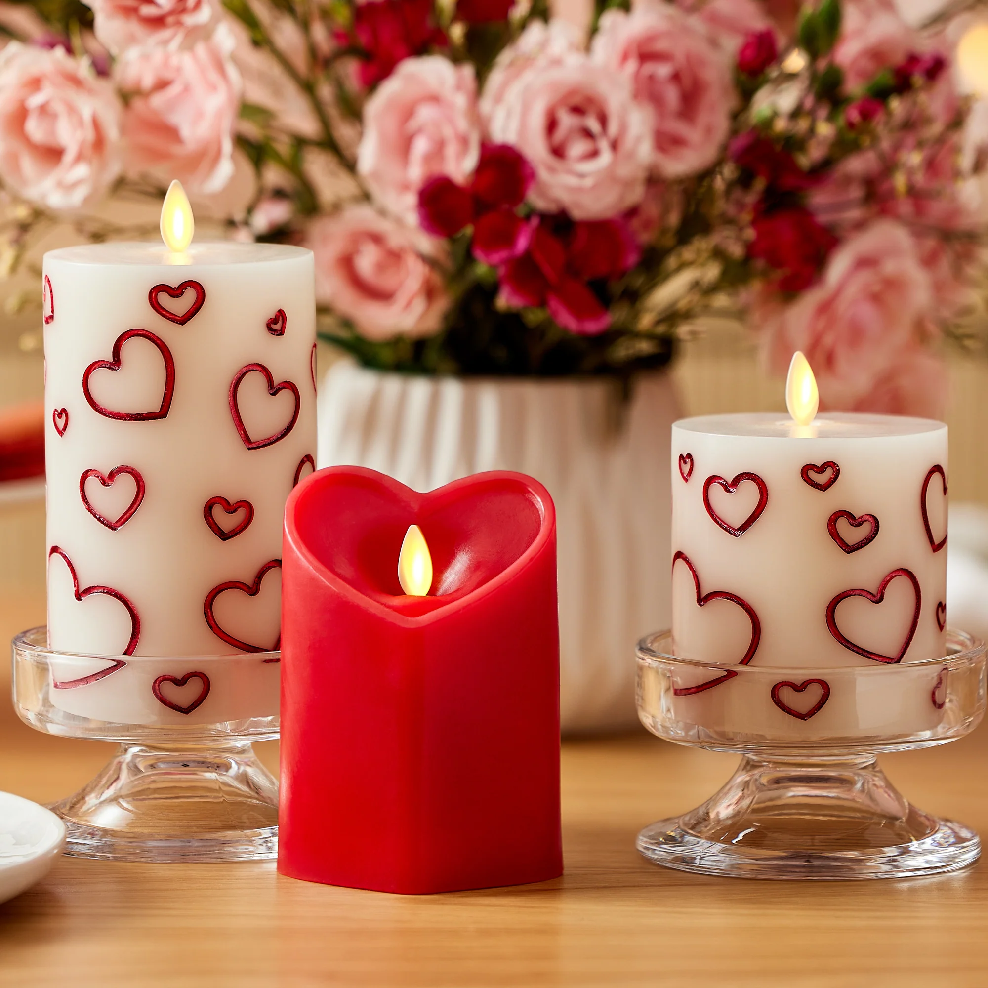 White Porcelain with Metallic Red Hearts Flameless Candle Pillar - Image 3