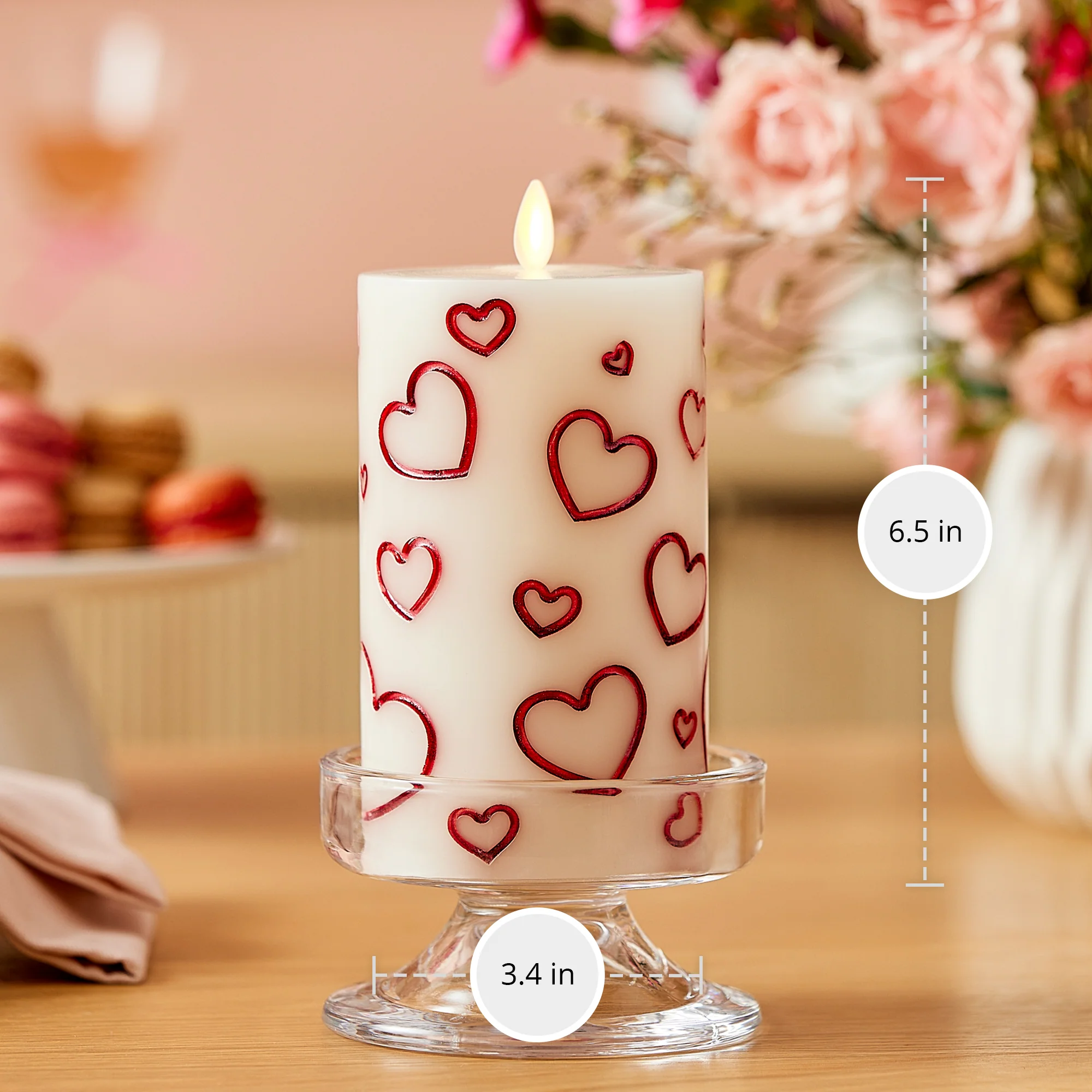 White Porcelain with Metallic Red Hearts Flameless Candle Pillar - Image 5