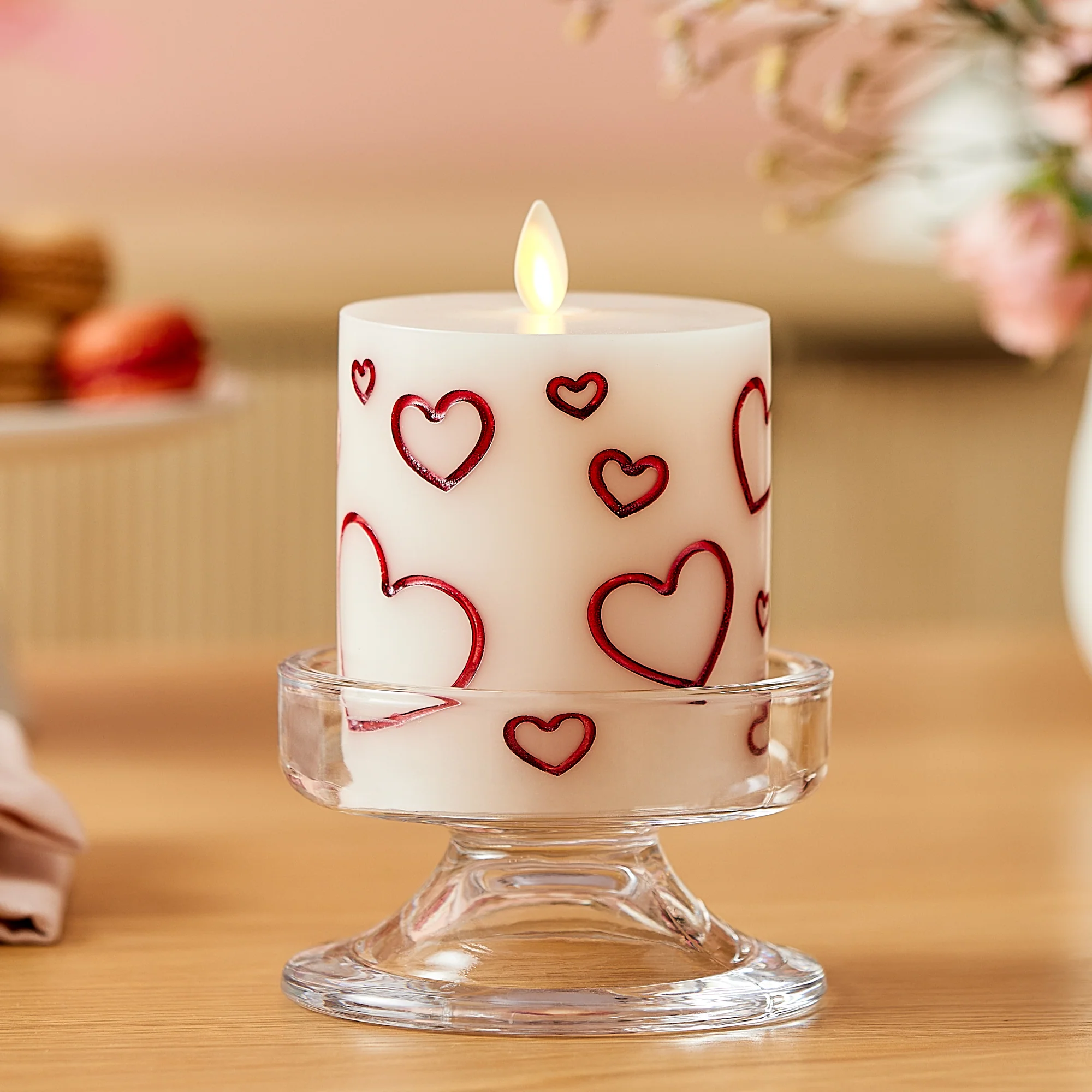 White Porcelain with Metallic Red Hearts Flameless Candle Pillar - Image 7